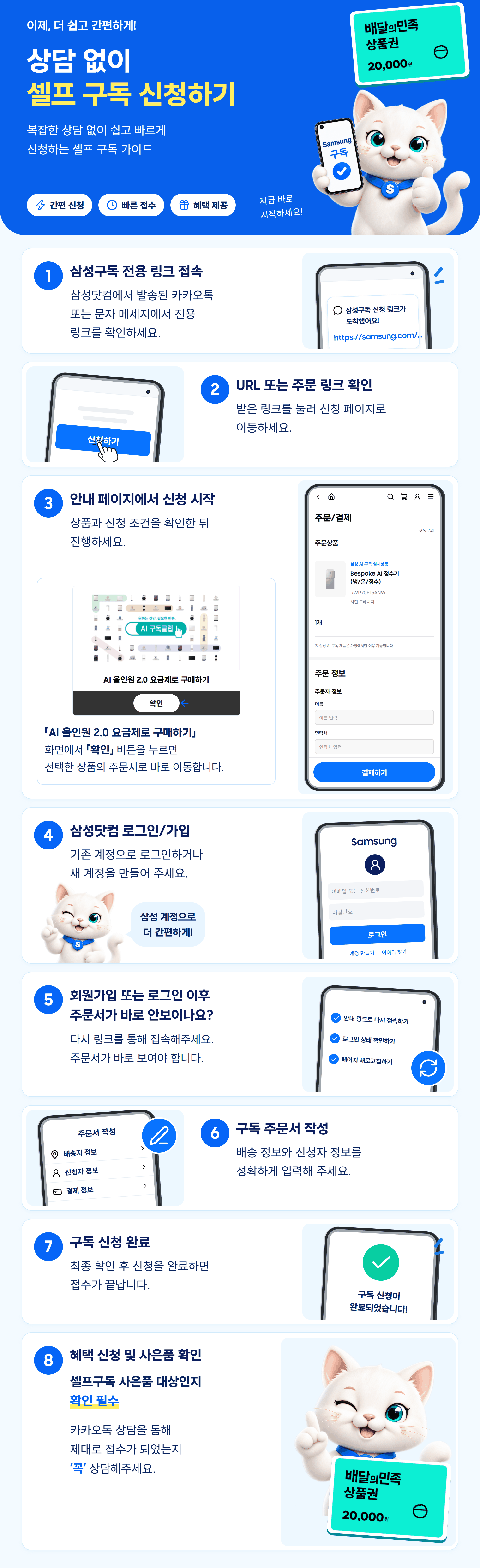 셀프 구독 신청하기, 상담 없이 진행하는 8단계 안내. 전용 링크 접속과 주문 링크 확인, RWP70F15ANW 모바일 주문 화면 확인, 삼성닷컴 로그인·가입, 주문서 재접속, 주문서 작성 후 신청 완료, 사은품 대상 및 카카오톡 접수 확인. 사은품은 배달의민족 상품권 2만원권 이미지.
